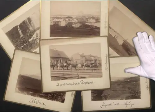 6 Fotografien Sigfus Eymundsson, Reykjavik, Ansicht Reykjavik, Trading Train zu Pferde, Gesamtansicht, Lögleerg, Hekla