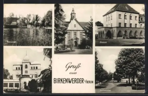 AK Birkenwerder b. Berlin, Rathaus, Postamt, Kurhaus, Badeanstalt, Rathausplatz