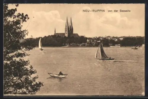AK Neuruppin, Seeseite, Kirche, Segelboote