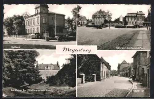 AK Meyenburg, Rathaus, Thälmann-Breitscheid-Platz, Am Plauer Tor mit Stadtmauer und Schloss