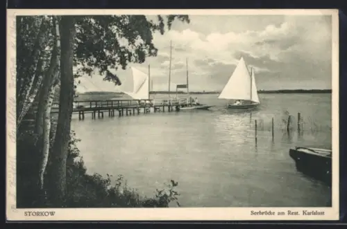 AK Storkow, Seebrücke am Restaurant Karlslust, Segelboote