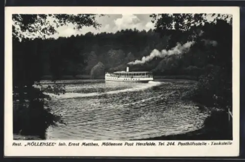 AK Möllensee /Strausberg, Restaurant Möllensee, Inh. Ernst Matthes, Dampfer, Posthilfstelle, Tankstelle