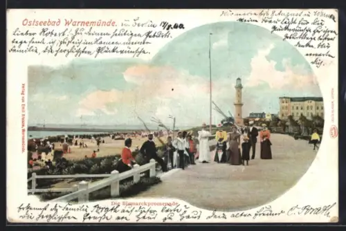 AK Warnemünde, Bismarckpromenade, Leuchtturm, Strand