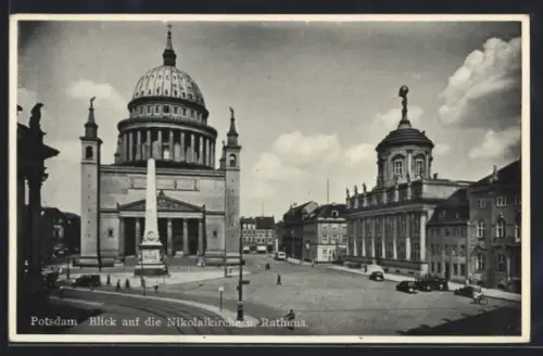 AK Potsdam, Blick auf die Nikolaikirche und Rathaus