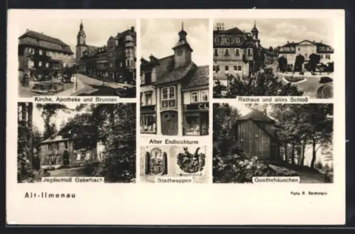 AK Ilmenau, Kirche, Rathaus, Jagdschloss Gabelbach, Goethehäuschen, Alter Endleichturm