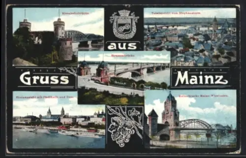 AK Mainz, Eisenbahnbrücke, Rheinansicht mit Stadthalle und Dom