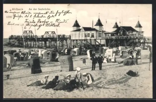 AK Ahlbeck, An der Seebrücke, Strand, Strandkörbe
