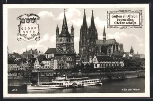 AK Köln am Rhein, Dom, Gross St. Martin, Rheinschiff, Wappen