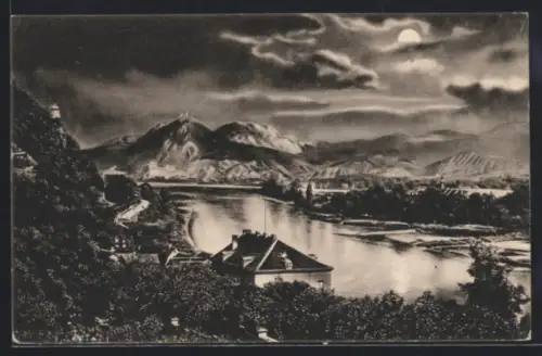 AK Rolandseck, Siebengebirge und Rolandseck im Mondschein