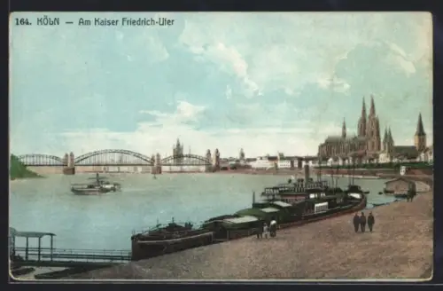 AK Köln, Am Kaiser Friedrich-Ufer, Frachter, Rhein, Dom, Hohenzollernbrücke