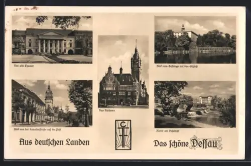 AK Dessau, Altes Theater, Rathaus, Blick von Gestänge auf das Schloss