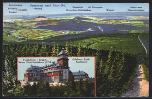 AK Fichtelberg i. Erzgeb., Neues Unterkunftshaus, Panorama nach Nord-Ost