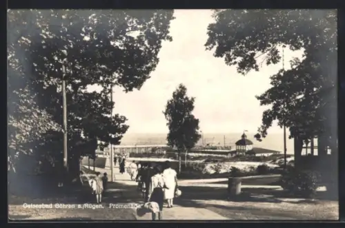 AK Göhren a. /Rügen, Promenade mit Pavillon und Meerblick