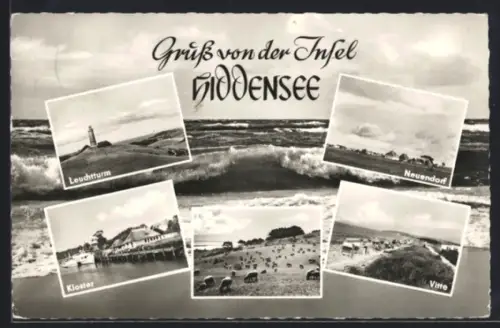 AK Vitte /Hiddensee, Leuchtturm, Kloster, Ortsansichten Neuendorf u. Vitte, Schafweide