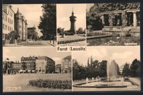 AK Forst /Lausitz, Bahnhofstrasse, Wasserturm, Rosengarten