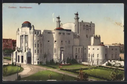 AK Cottbus, Stadttheater mit Anlagen aus der Vogelschau