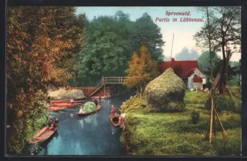 AK Lübbenau /Spreewald, Ortspartie, Kähne, Brücke, Bauernhaus