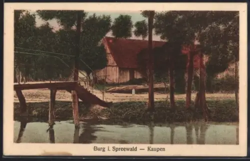 AK Burg i. Spreewald, Kaupen, Holzbrücke, Bauernhaus, Flussufer