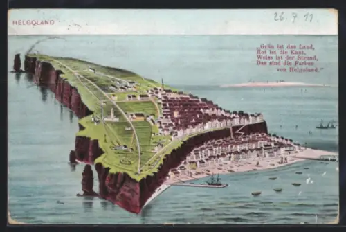 Künstler-AK Helgoland, Gesamtansicht der Insel mit Ober- und Unterland