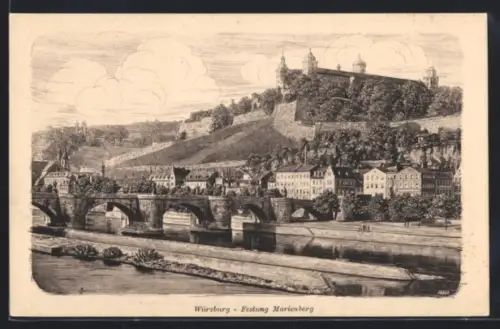 Künstler-AK Würzburg, Brücke u. Festung Marienberg