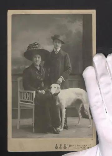 Fotografie Hans Häusler, Leitmeritz, Elegantes Paar mit ihrem Windhund 1911, Hund