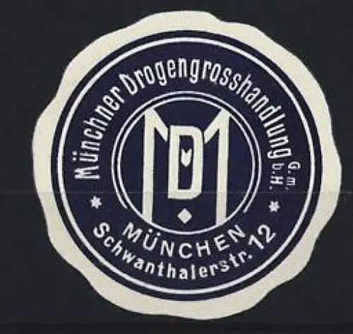 Reklamemarke München, Münchner Drogengrosshandlung, Schwanthalerstr. 12, Firmenemblem