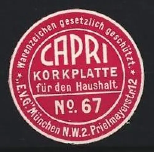 Reklamemarke München, Capri, Prielmayerstrasse 12, Korkplattenherstellung, Firmenlogo