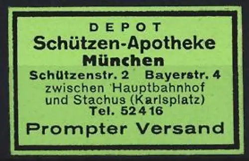 Reklamemarke München, Schützen-Apotheke, Schützenstrasse 2 & Bayerstrasse 4, Logo