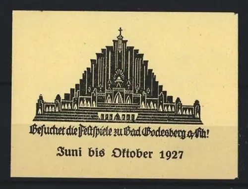 Reklamemarke Bad Godesberg, Festspiele 1927, Abbildung eines Altars, gelb