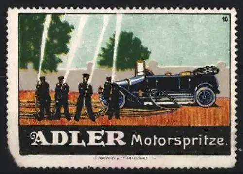Reklamemarke Adler, Motorspritze, Feuerwehrfahrzeug