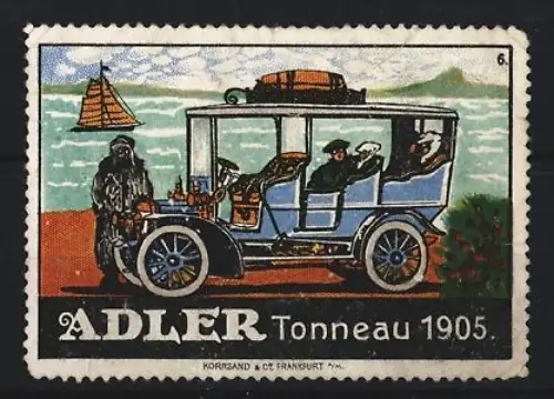 Reklamemarke Auto Adler, Tonneau 1905, Automobil mit Chauffeur & Passagieren