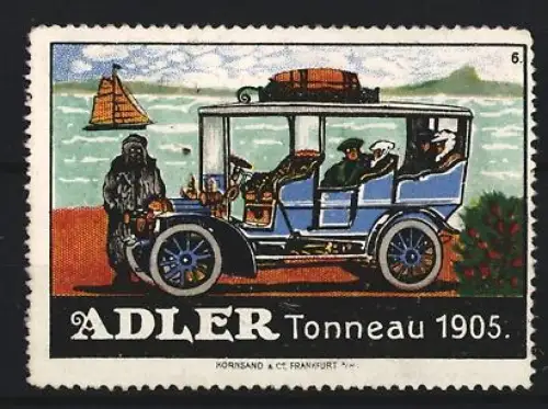 Reklamemarke Auto Adler, Tonneau 1905, Automobil mit Fahrer und Insassen