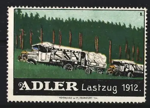 Reklamemarke Frankfurt, ADLER, Lastzüge, Lastwagen im Wald