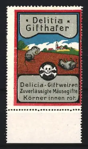 Reklamemarke Delitia Giftweizen, Mäusegifte, Totenkopf und sterbende Mäuse