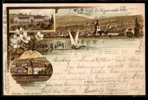Lithographie Evian-les-Bains, Casino et Théâtre, Vue panoramique