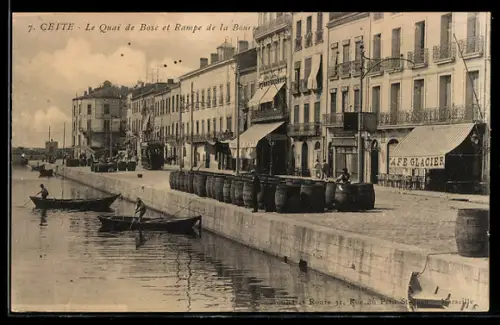 AK Cette, Le Quai de Bose et Rampe de la Bourse, Café Glacier
