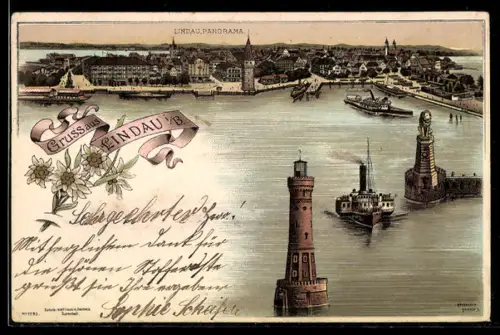 Lithographie Lindau i. B., Panorama mit Hafen