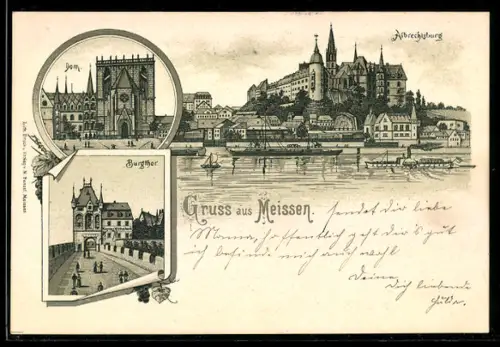 Lithographie Meissen, Dom, Albrechtsburg, Burgthor