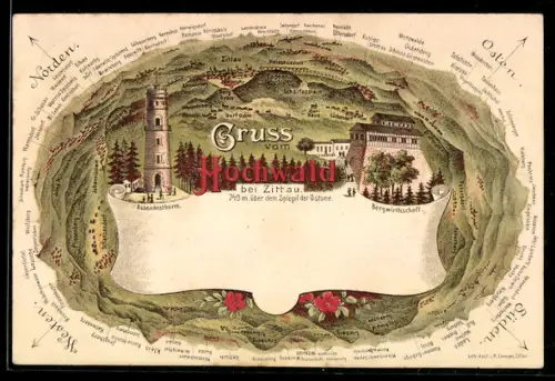 Lithographie Lückendorf, Gruss vom Hochwald, Aussichtsturm, Bergwirtschaft