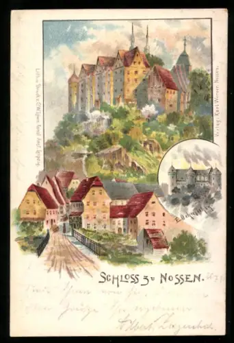 Künstler-AK Nossen, Strassenpartie aus der Ortschaft, Schloss zu Nossen