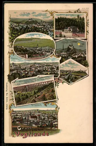 Lithographie Greiz, Hotel Steinicht, Elsterberg, Mylau, Plauen, Netzschkau, Göltzschthalbrücke, Reichenbach