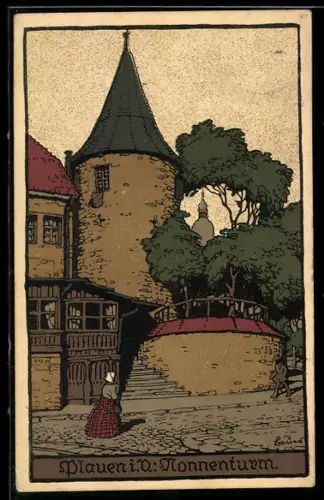 Steindruck-AK Plauen i. V., Partie am Nonnenturm
