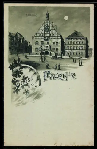 Mondschein-AK Plauen i. V., Blick auf das Rathaus