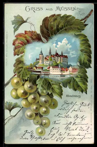 Glitzer-Perl-AK Meissen, Albrechtsburg, gerahmt von Trauben