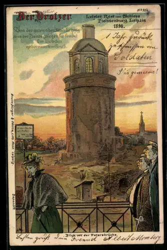 Lithographie Leipzig, Schloss Pleissenburg, Blick von der Petersbrücke auf den Drotzer