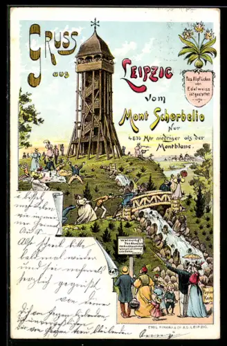 Lithographie Leipzig, Urlauber auf dem Mont Scherbelio