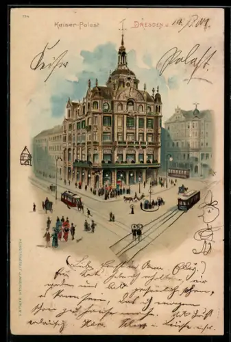 Lithographie Dresden, Kaiser-Palast mit Strassenbahnen und Passanten aus der Vogelschau