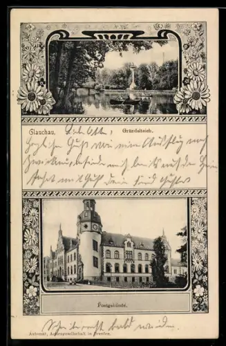 AK Glauchau, Postgebäude und Gründelteich