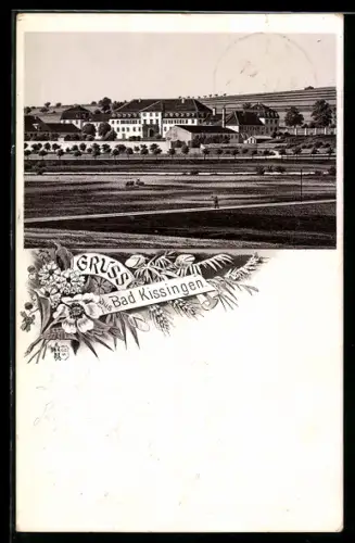 Lithographie Bad Kissingen, Ortsansicht von der Feldflur aus