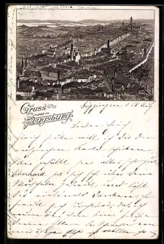 Lithographie Augsburg, Blick auf die Stadt aus der Vogelschau